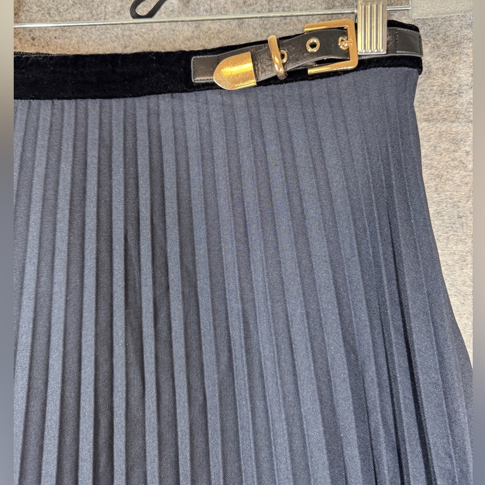 Sandro Pleated Two-Tone Maxi Skirt Size 3 Velvet Trim Quiet Luxury Belted Chic - Picture 4 of 14
